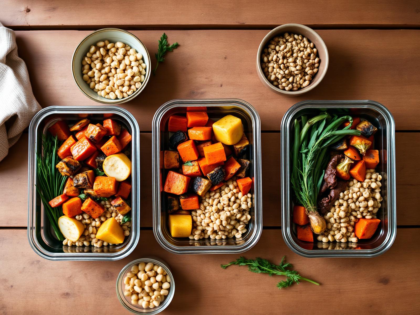 Three meal prep containers with roasted vegetables and grains
